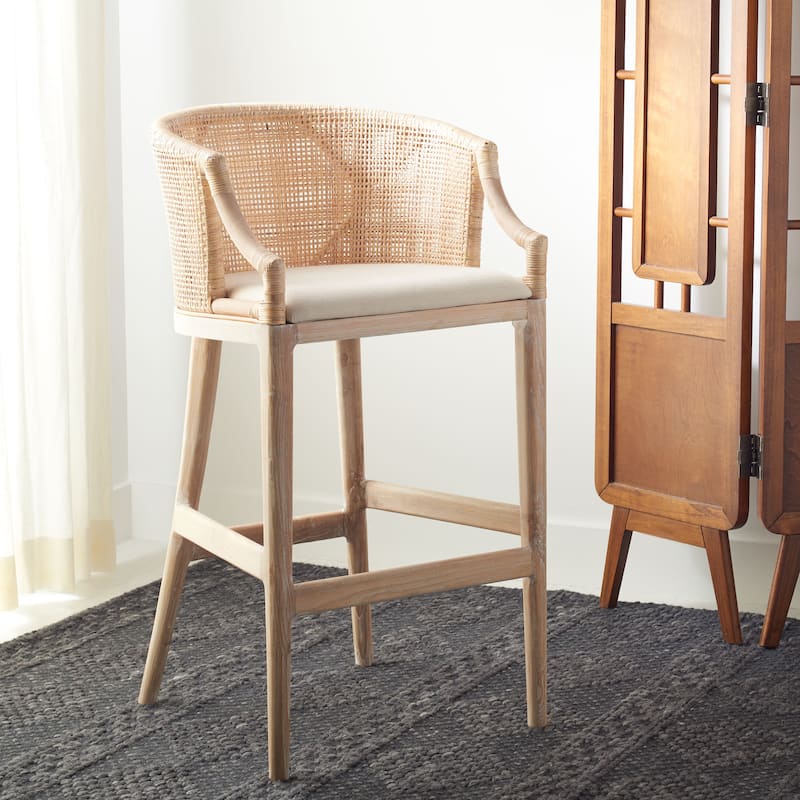 SAFAVIEH Brando Solid Wood Rattan 30-inch Seat Height Bar Stool (Fully Assembled) - 22.3" W x 20.5" L x 39" H - Natural White Wash/White Wash Legs/White Cushion