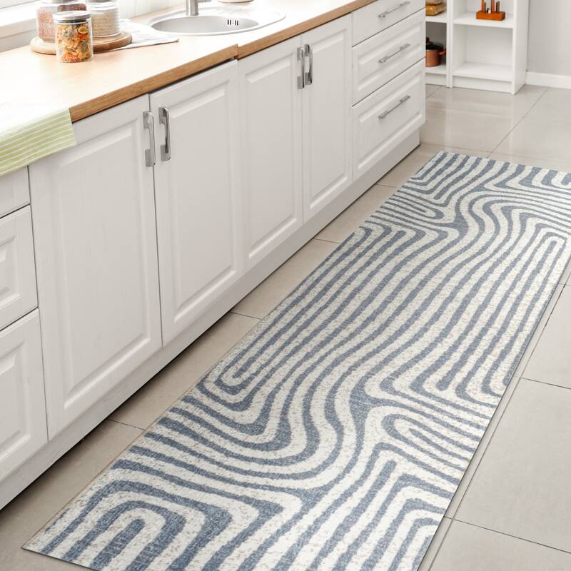 JONATHAN Y Kallax Abstract Two-Tone Low-Pile Machine-Washable Blue/Cream Area Rug