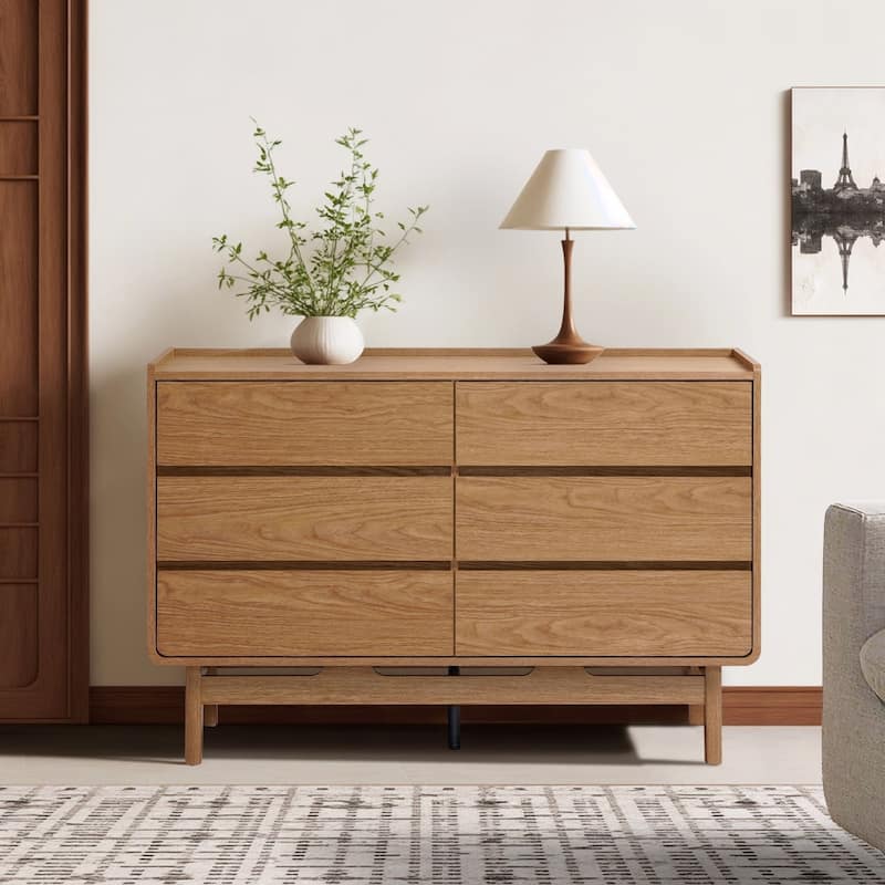Mid-Century Style Natural Finish Dresser, 6 Drawers, Horizontal Storage, Engineered Wood
