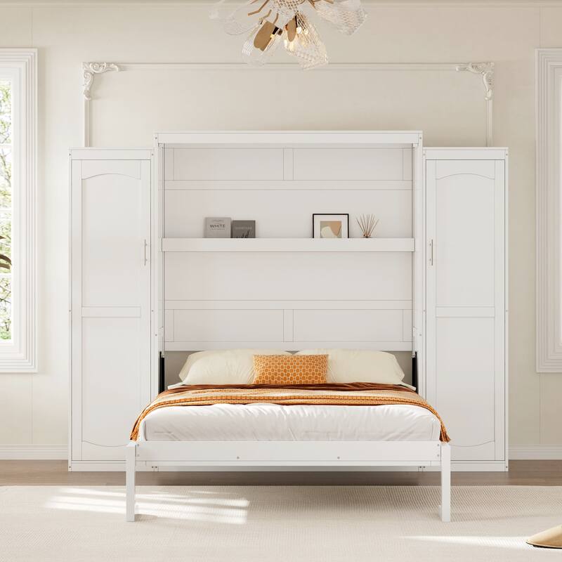 Convertible Full Size Wall Bed with Dual Wardrobes and Shelving, Foldable Platform Frame with Storage for Guest Room or Bedroom