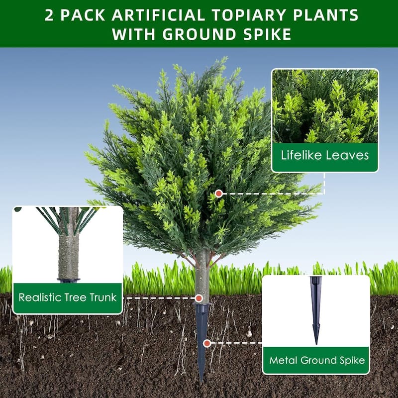 25.6 Inch Artificial Cedar Topiary Ball Tree with Spike for Home Decor