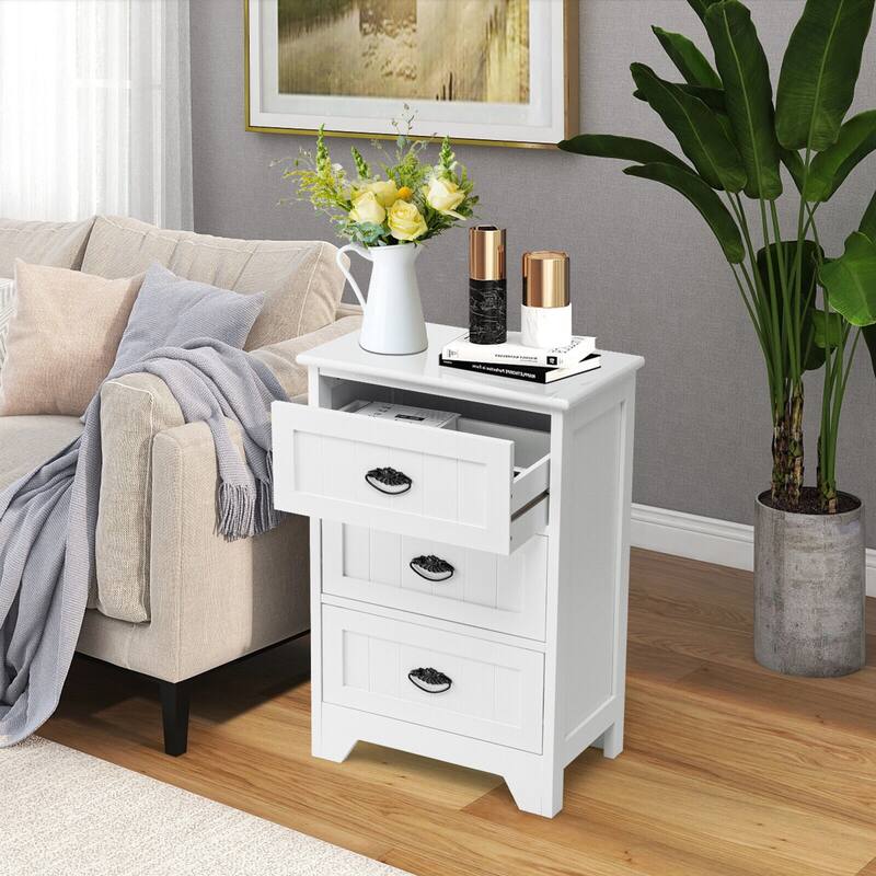 Gymax End Table Nightstand Bedroom Storage w/ 3 Drawers & Wood Slide