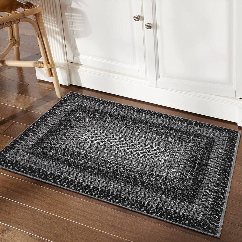 Washable Living Room Rugs Modern Braided Print Area Rug Border Design Accent Rugs for Bedroom Non-Slip Low Pile Area Rug