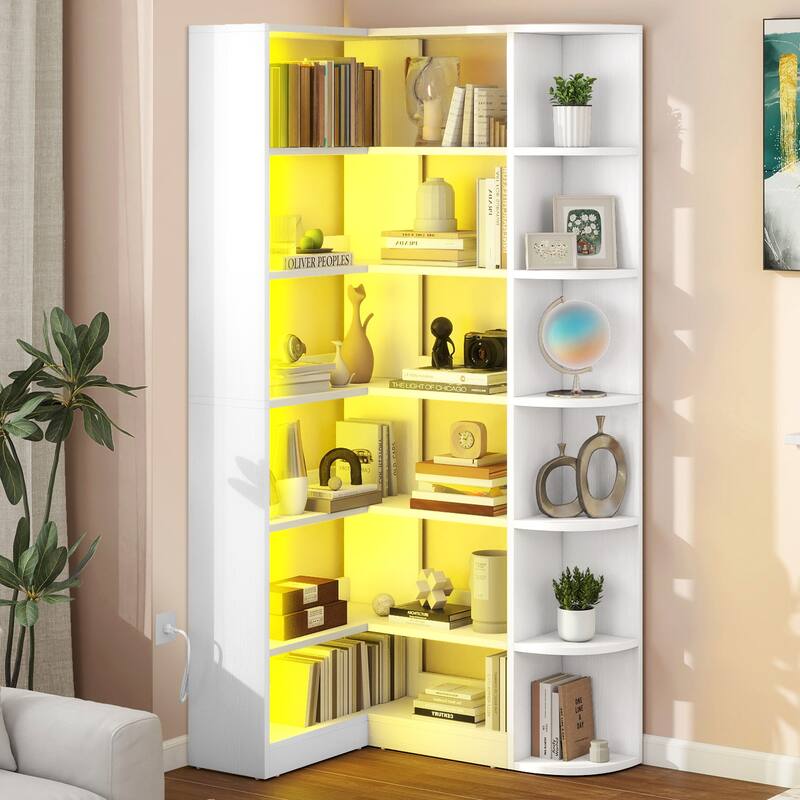 Moasis 70"H 6-Tier Corner Bookshelf L-Shaped Bookcase with LED Lights for Living Room