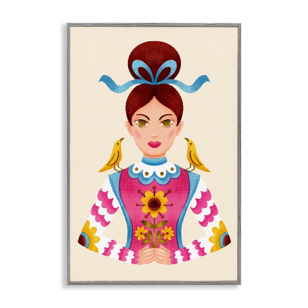 Stupell Brunette Girl with Birds Framed Giclee Art Design By Hannah Moren