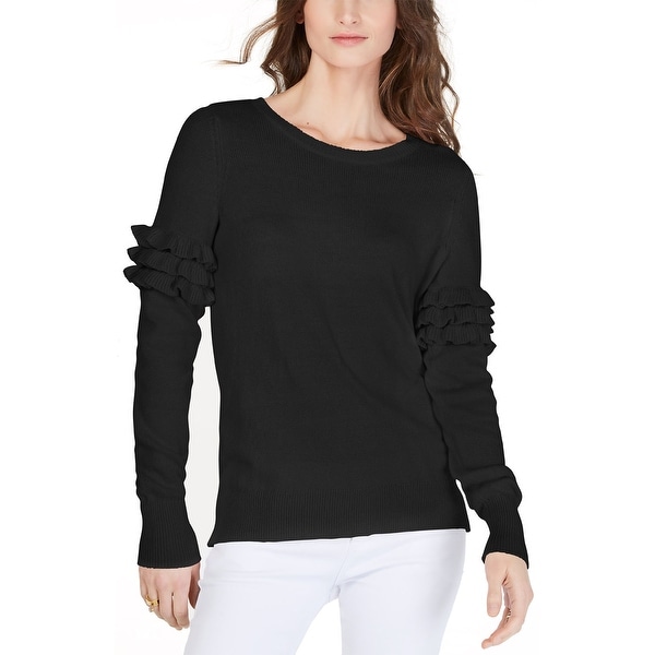 MICHAEL Michael Kors Womens Cotton Ruffle-Sleeve Sweater Petite Black. Opens flyout.