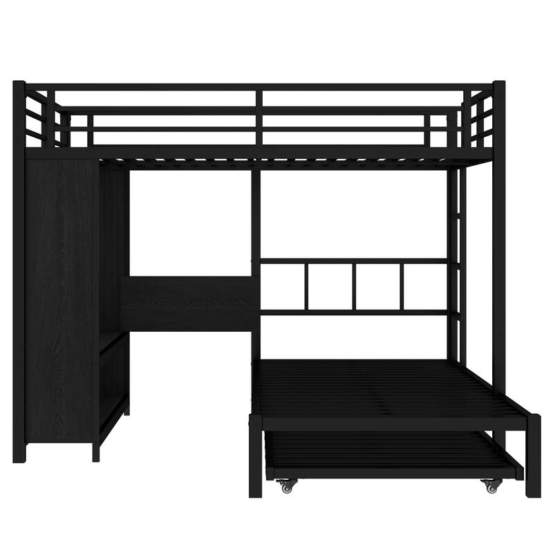 Roomfitters Twin/Full/Queen Metal Bunk Bed with Built-in Wardrobe, Trundle & Foldable Desk, Noise-Reduced Design, Black