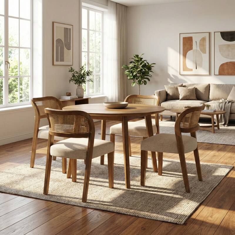 Christopher Knight Home – Minimalist 19.25" W Wood Dining Chairs Set with Natural Rattan Cane Curved Backrest & Upholstered Seat - Set of 4 - Beige+Walnut