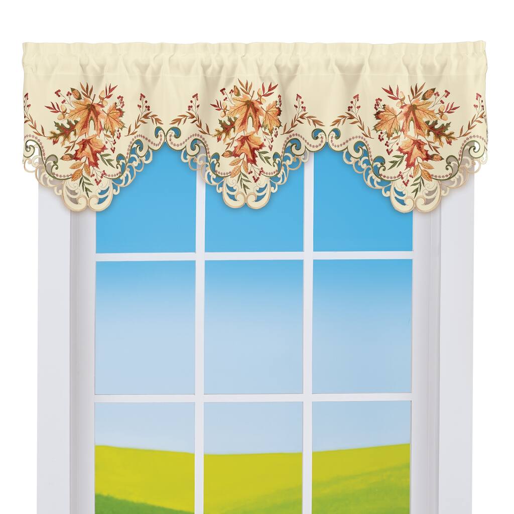 Decorative Embroidered Fall Leaf Cut-Out Scalloped Edge Window Valance - 8.000 x 6.000 x 1.500
