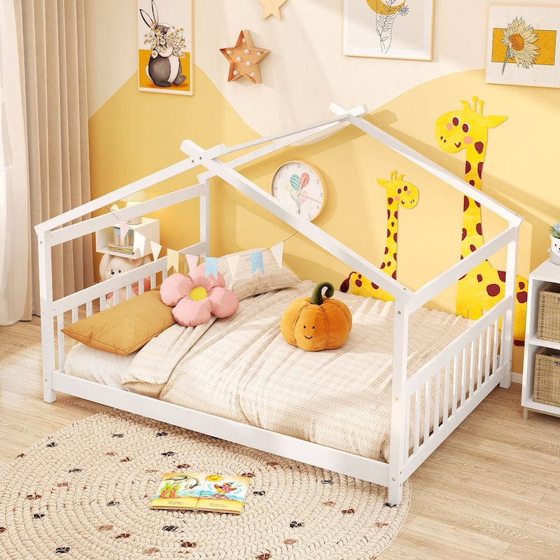 Full Size Kids Wooden House Design Platform Bed Montessori with Headboard and Footboard