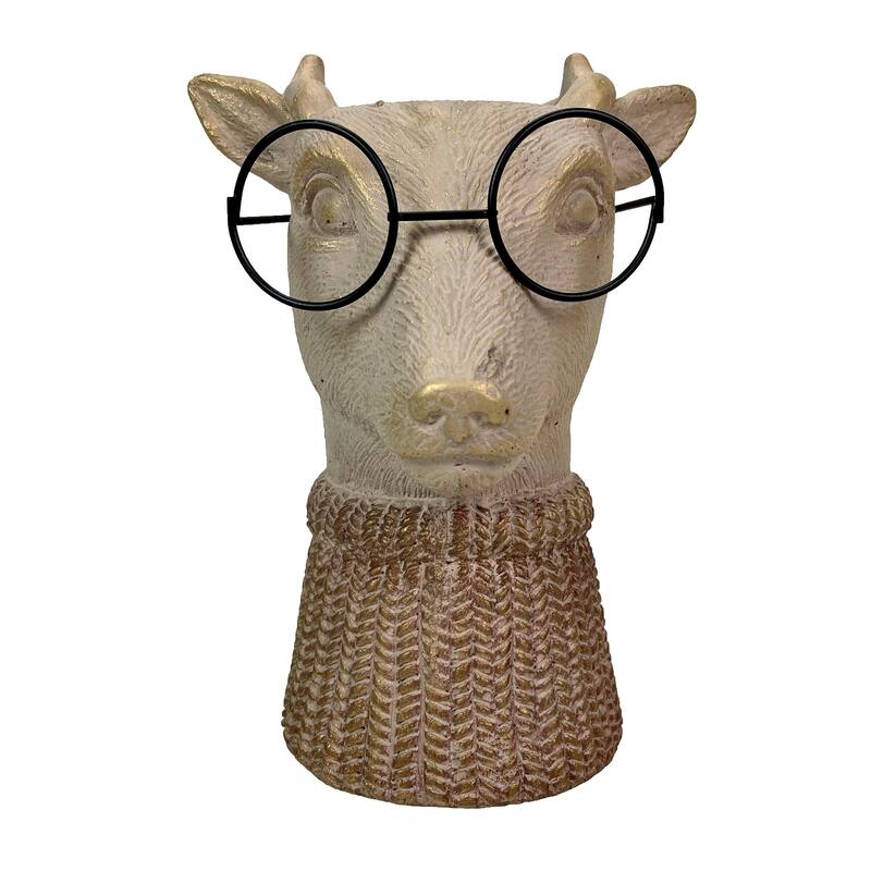 Bespectacled Deer Cement Vase 8.7" Gold Accents Knit Scarf Real Wire