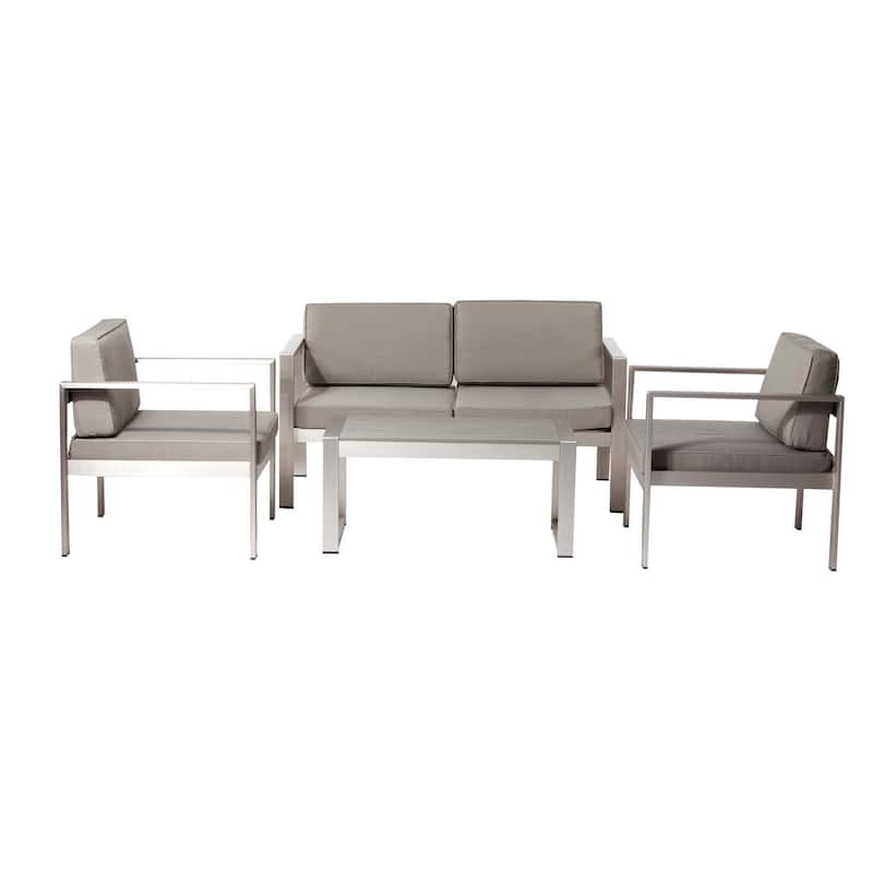 Kili 4 Piece Outdoor Sofa, Chairs and Table Set, Sleek Silver Aluminum - Grey
