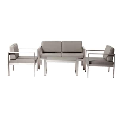 Kili 4 Piece Outdoor Sofa, Chairs and Table Set, Sleek Silver Aluminum