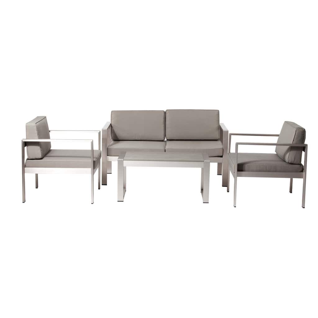 Kili 4 Piece Outdoor Sofa, Chairs and Table Set, Sleek Silver Aluminum