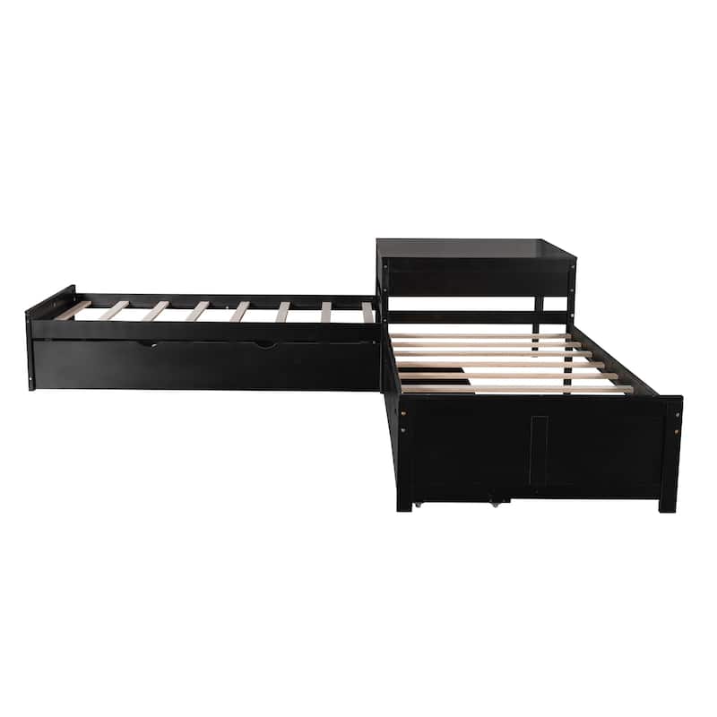 L-shaped Twin Size Platform Bed with Trundle and Drawers Linked with Built-in Desk, White