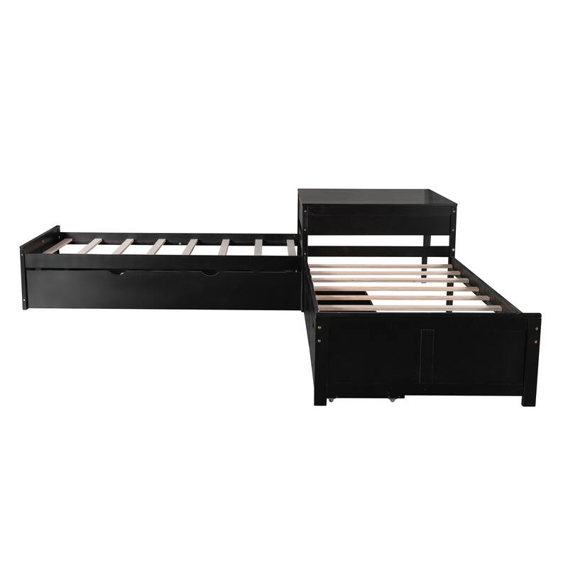 Twin Size Platform Bed with Built-in Desk and Drawers Linked, L-Shaped Trundle, Wooden Support Bed Frame No Box Spring Needed