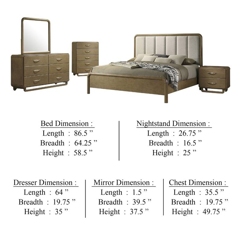 Deon 5 Piece Queen Bedroom Set, Upholstered Headboard, Brown Hardwood