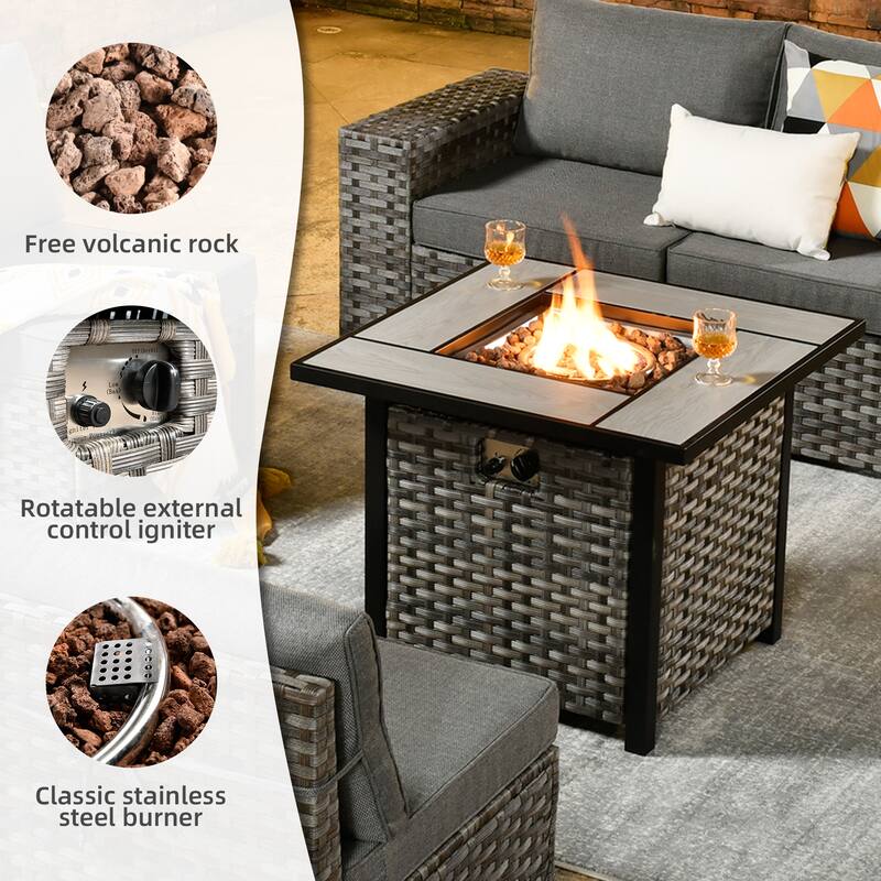 OVIOS Patio Wicker Furniture Wide Arm 7-piece Fire Pit Set with Table