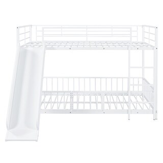 White Full Over Full Metal Bunk Bed with Slide & Ladder, Heavy Duty Low Bunk Beds w/Safety Guardrail & Small Door for Girls Boys