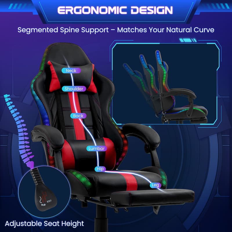EROMMY RGB LED Gaming Chair with Thickened Massage Lumbar Pillow & Upgraded Footrest, Reclining Ergonomic Chair