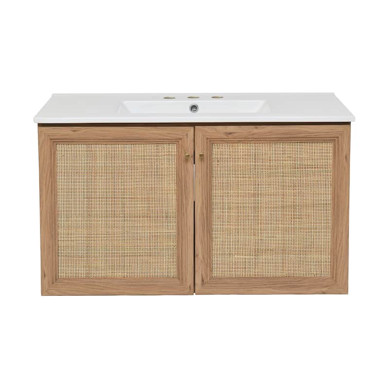 Classe 36 In. Brown Oak Wall Hung Bathroom Vanity With White, 3-Hole Ceramic Sink Top
