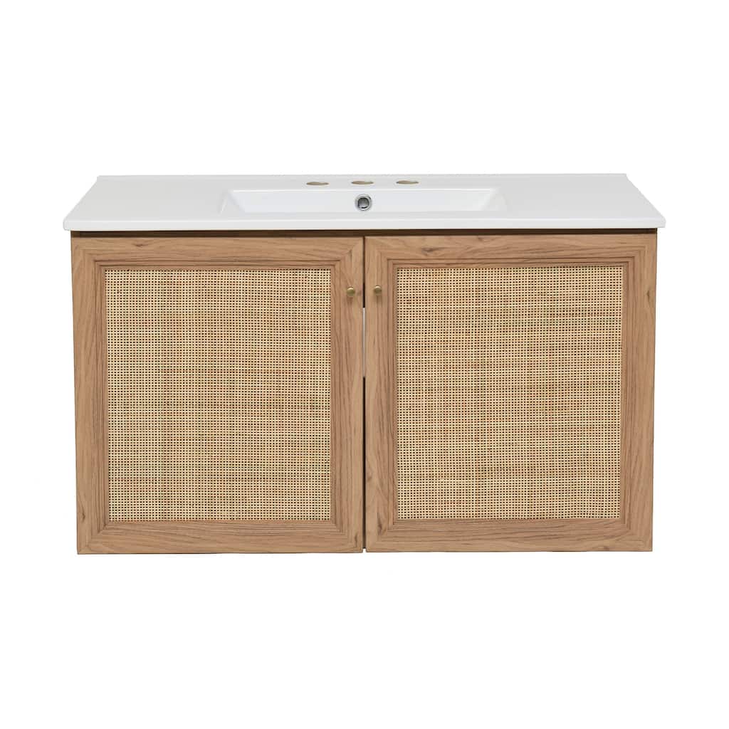 Classe 36 In. Brown Oak Wall Hung Bathroom Vanity With White, 3-Hole Ceramic Sink Top