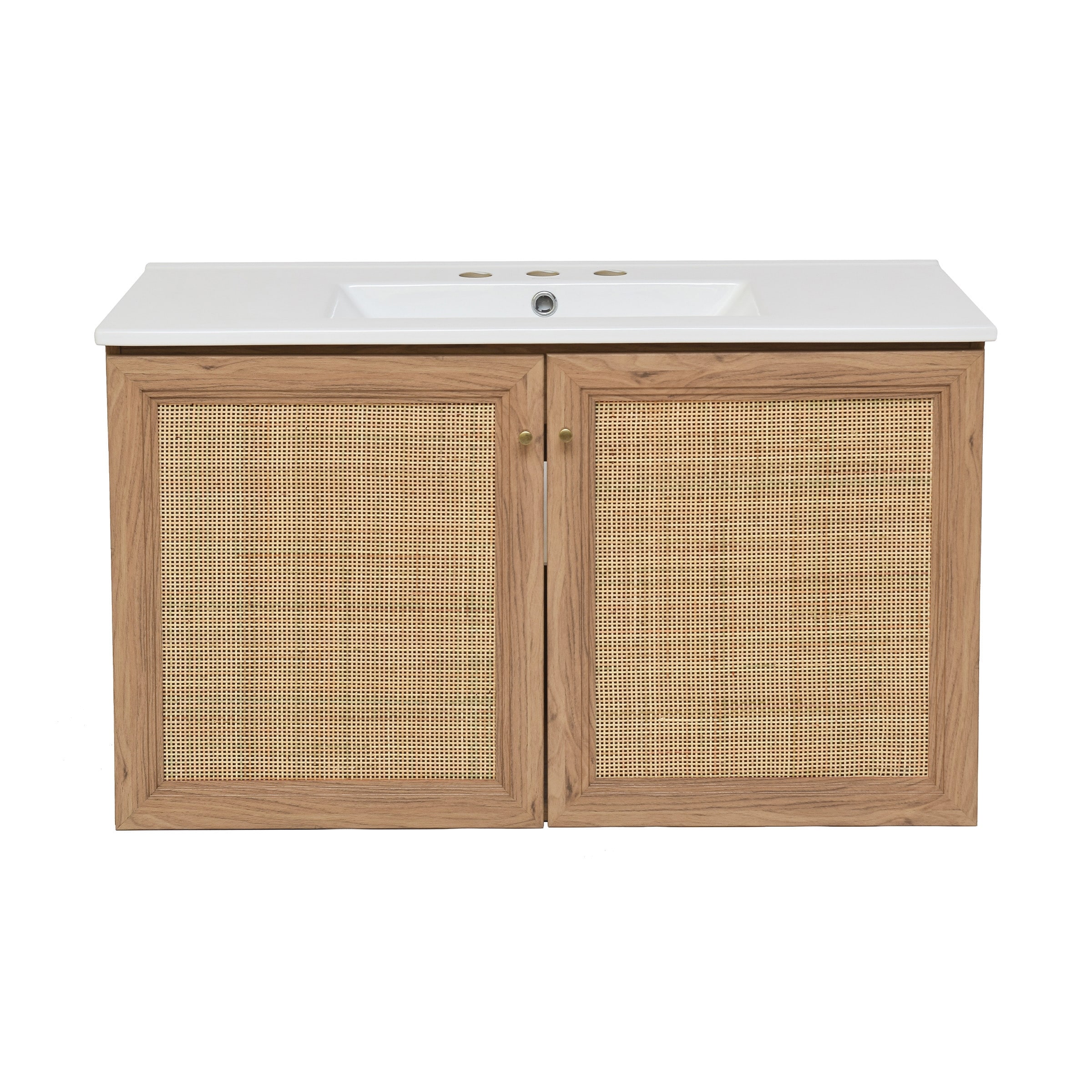 Classe 36 In. Brown Oak Wall Hung Bathroom Vanity With White, 3-Hole Ceramic Sink Top