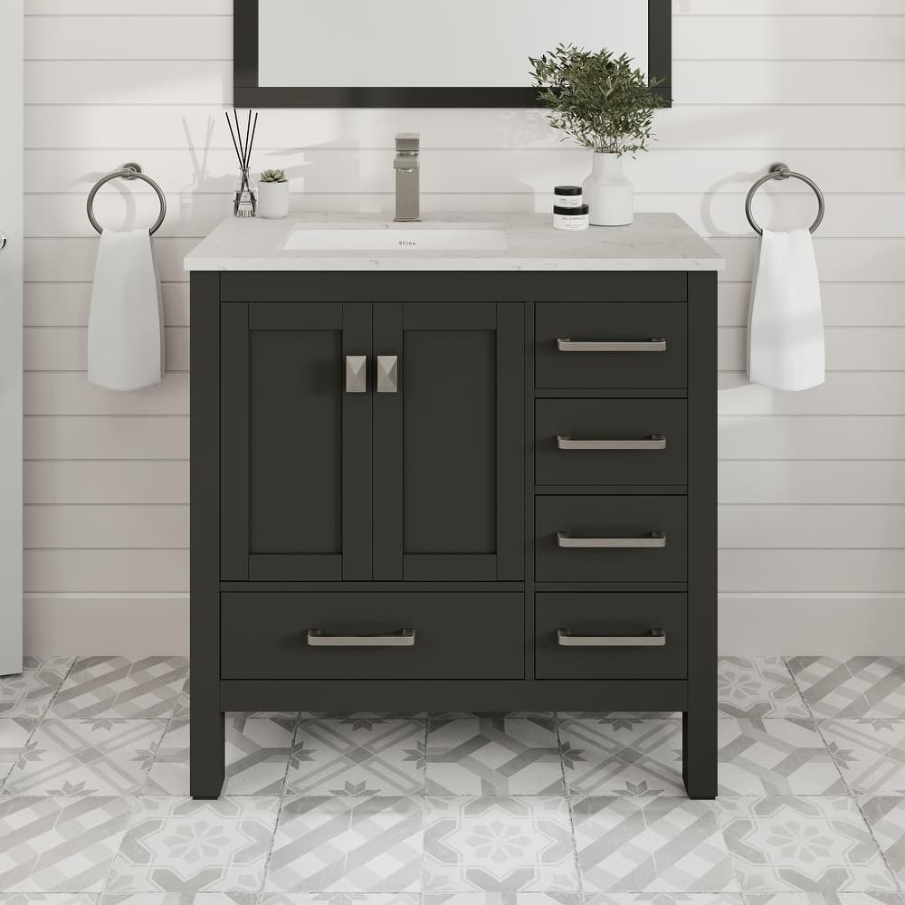 Eviva London 36"W SS Bath Vanity with White Carrara Quartz Top