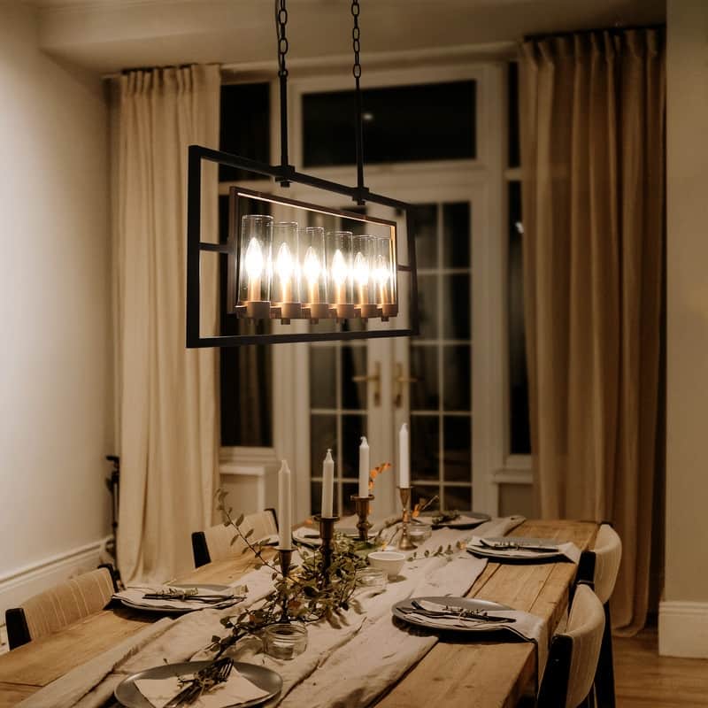 Modern Glam 6-light Linear Kitchen Lights Black Gold Glass Candle Chandelier - L37.5'' x W5'' x H81'' - Black and Gold