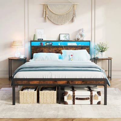 Full Size Metal Bed Frame With Headboard And Footboard, LED Lighting, Heavy Duty Mattress Foundation With Steel Slat Support