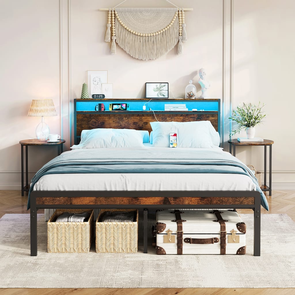 Full Size Metal Bed Frame with Headboard and Footboard,LED Lighting,Black Heavy Duty Mattress Foundation with Slat Support