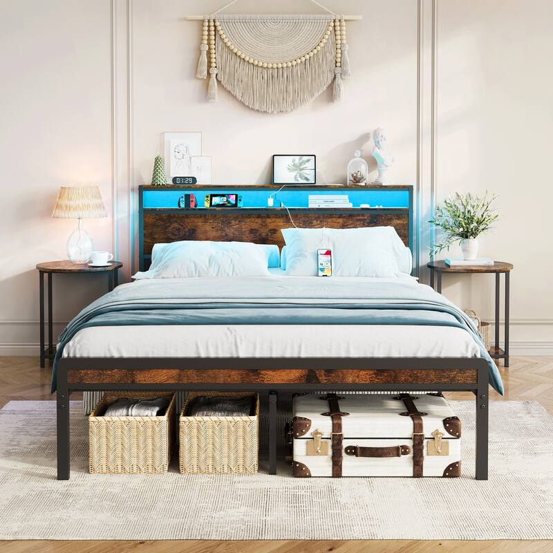 Full Size Metal Platform Bed Frame, Storage Headboard with Charging Station and LED Lights, Heavy Duty Mattress Foundation