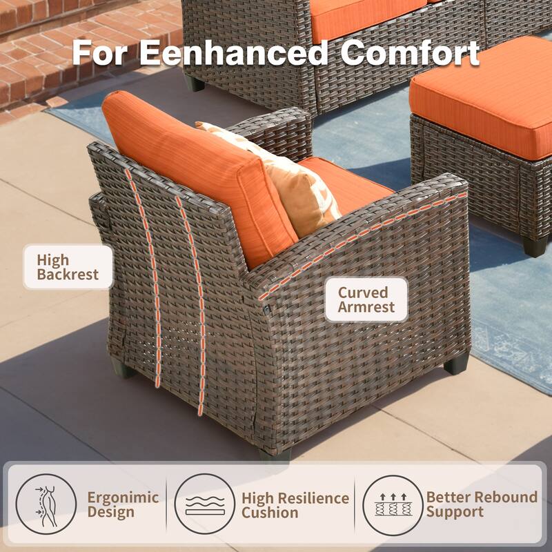 HOOOWOOO 7-piece Outdoor Wicker Rattan Patio Conversation Set with Fire Pit