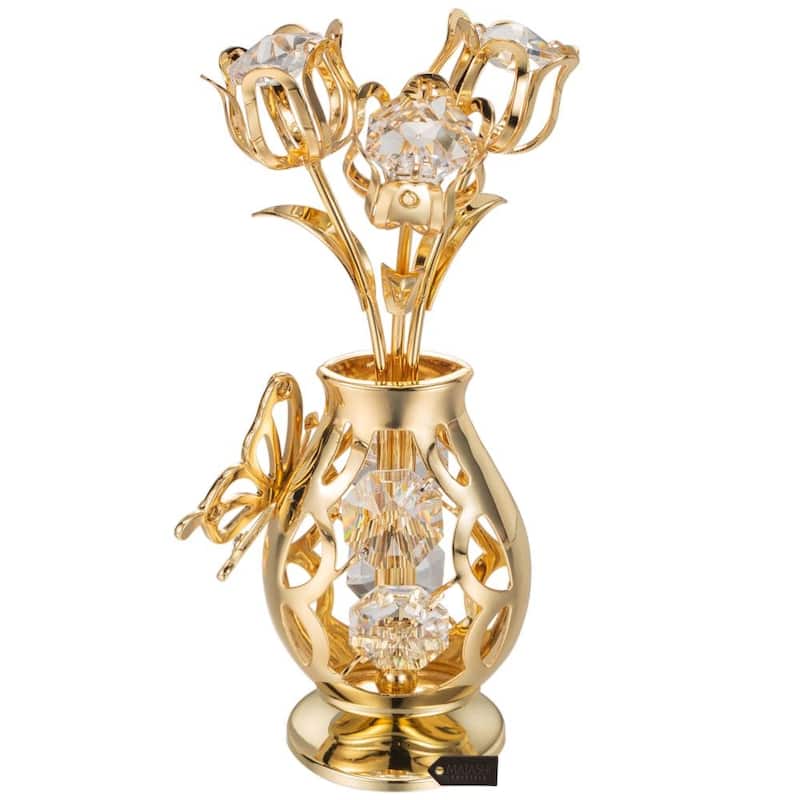 Matashi 24K Gold Plated Crystal Studded Flower Ornament in a Vase with Decorative Butterfly for gifts and home decor