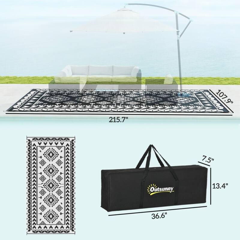Reversible Outdoor Rug Rhombus Patchwork, UV-Protected, Foldable & Portable Polypropylene Mat - 215.7" L x 107.9" W