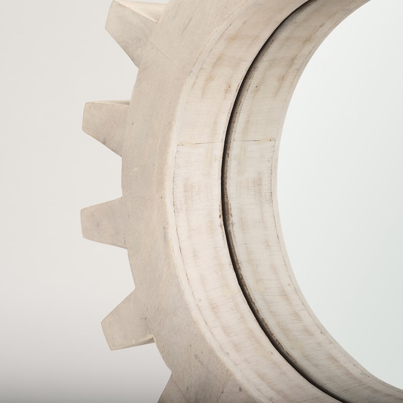 Sterling Off-White Solid Wood Frame Round Cog Mirror
