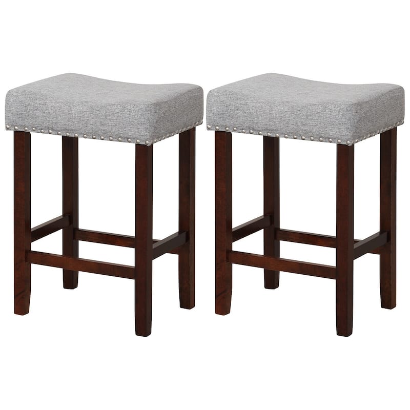 Set of 2 Backless Saddle Bar Stools with Linen Cushions and Rubber Wood Legs for Counter - 17" x 13" x 24" (L x W x H)