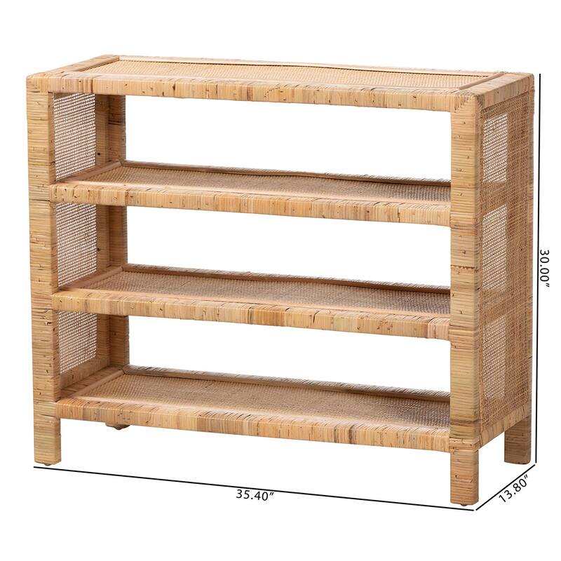 Abelia Natural Rattan 4-Tier Display Shelf - Handwoven Boho Coastal Bookcase or Entryway Storage, Lightweight Wicker Accent