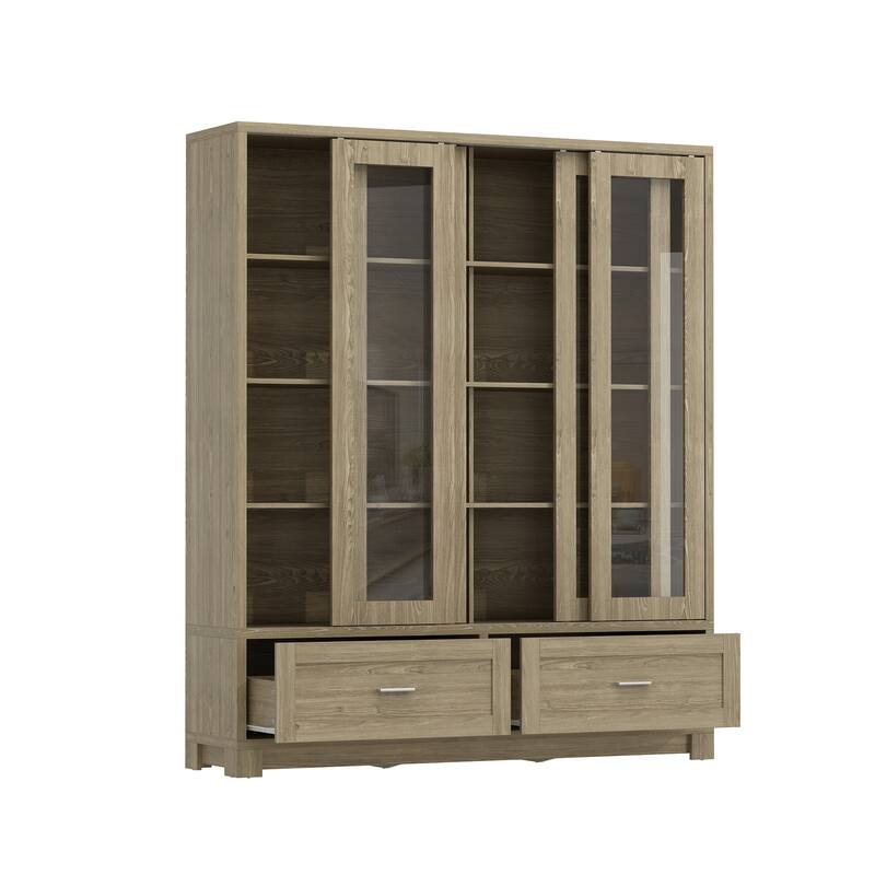 63" Glass Display Cabinet 4 Door China Cabinet Bookshelves Large Curio Cabinet