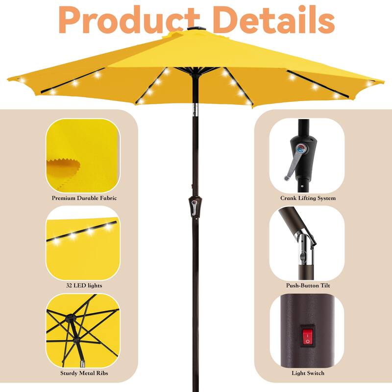9ft Patio Market Umbrella with LED Lights,Crank & Tilt