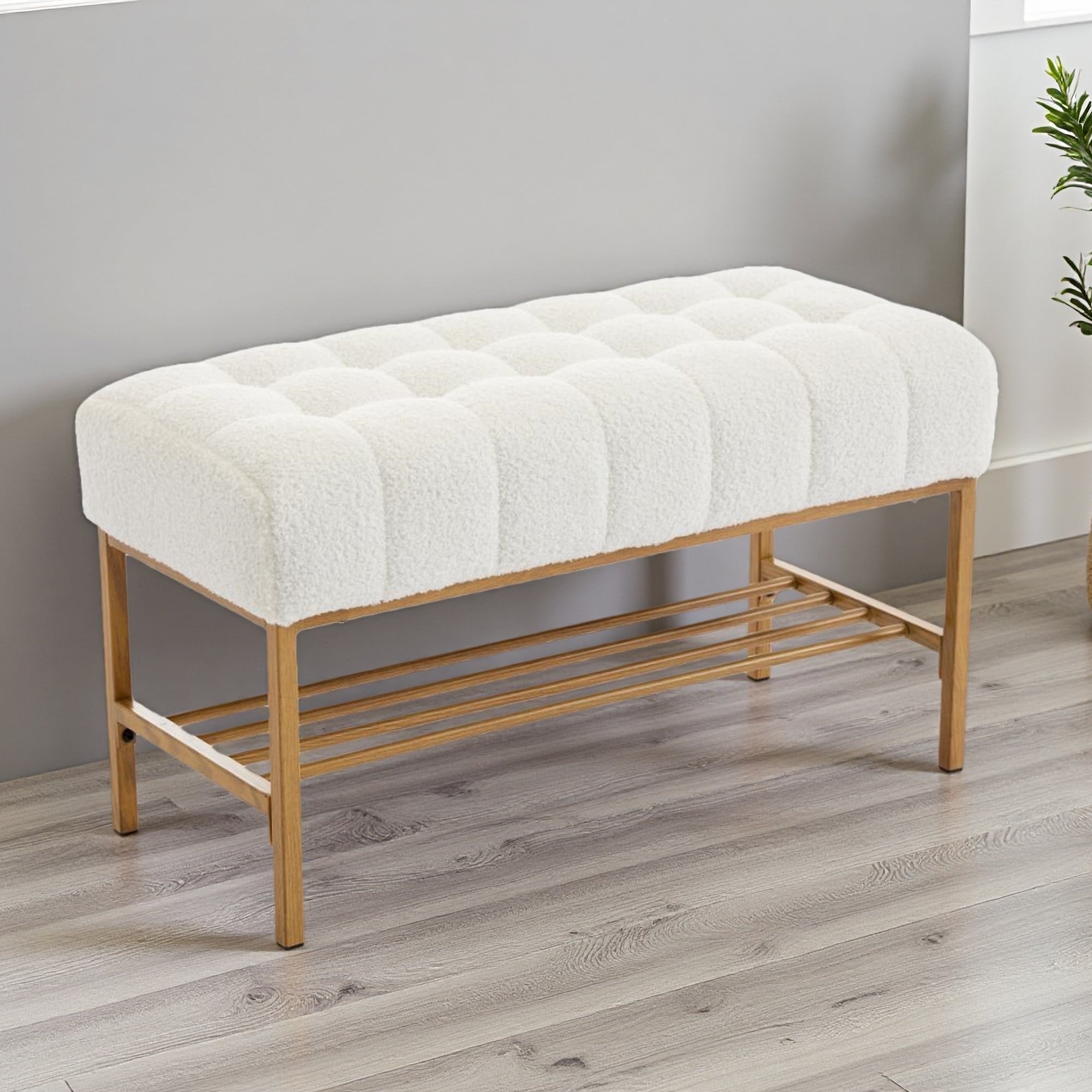 32"L End of Bed Bench with Shelf, Teddy Fabric Upholstered Storage Shoe Bench, Bedroom Bench with Metal Legs, for Living Room