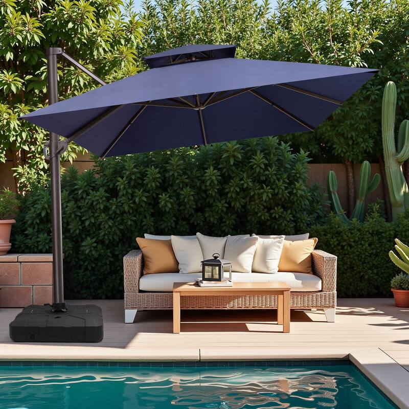 10 x 13 Feet Double Top Rectangular Rotating Patio Offset Cantilever Umbrella with Crank - Navy Blue with Base