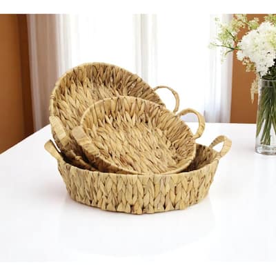 HomeRoots Set of Three Natural Water Hyacinth Round Basket Trays - Small/Medium/Large