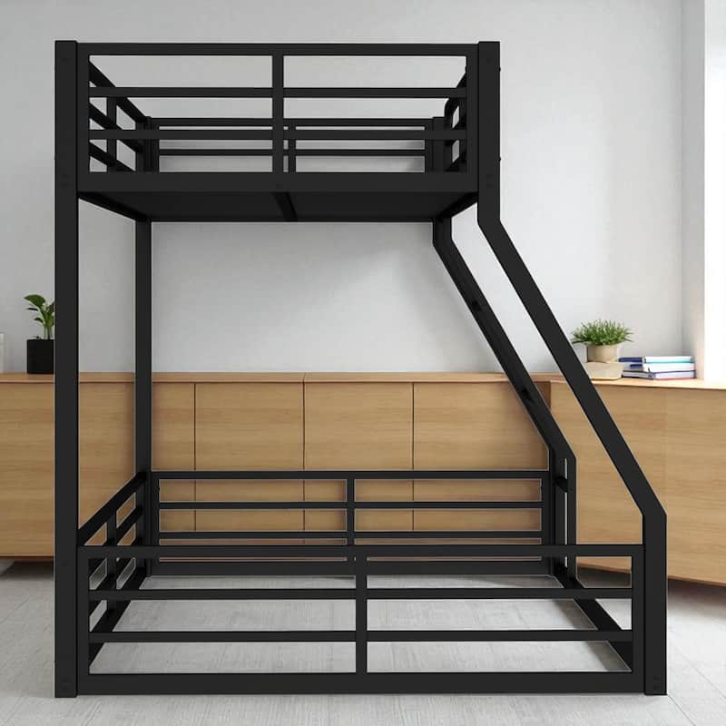 Metal Bunk Bed Twin XL/Full XL/Queen Over Queen, Heavy-Duty Low Bunk Frame with Guardrails and Quiet Design
