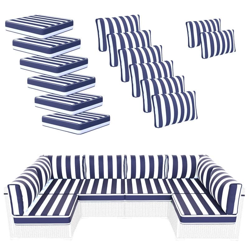 14 Piece Outdoor Furniture Replacement Cushions,Patio Seat Cushions - Blue and white stripes