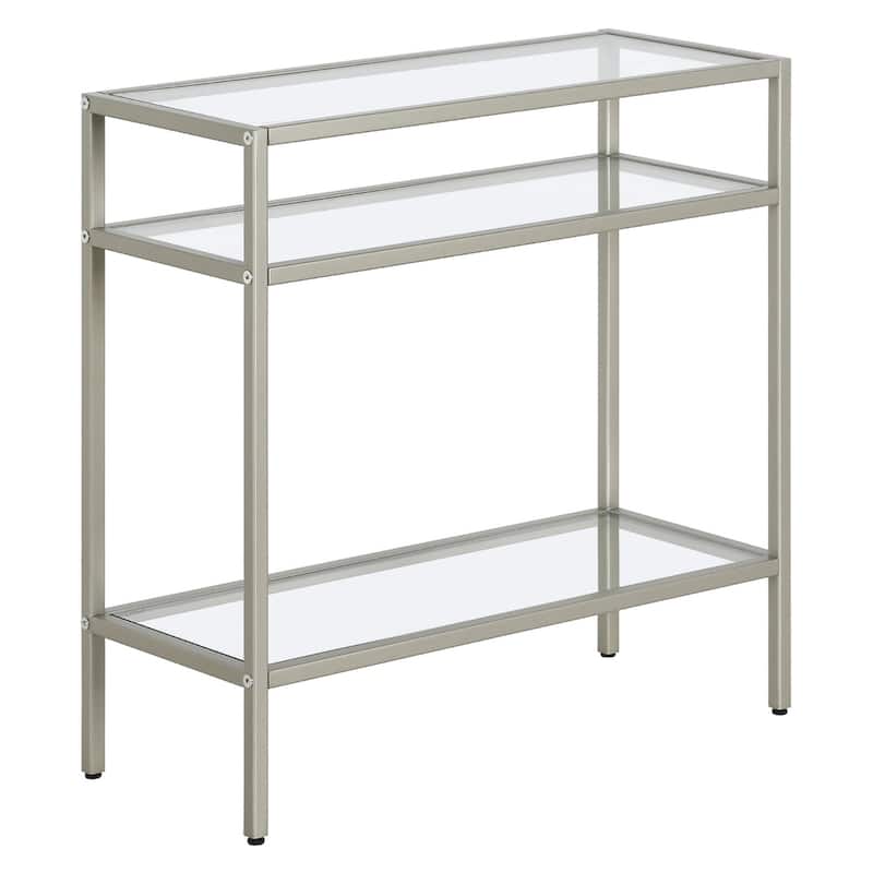 Steel Frame Glass Side End Table with 2 Shelves and Rectangular Top - 10” x 24” x 24” (D x W x H) - Nickel-Clear