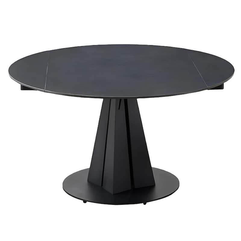 HomeRoots 51" Black Stone and Metal Self-Storing Leaf Pedestal Base Round Top Extendable Dining Table