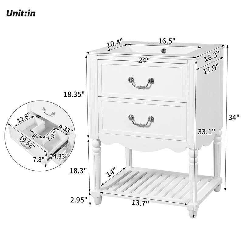 24" Bathroom Vanity with Ceramic Sink, Vintage Wave Design Cabinet with 2 Drawers and Open Shelf