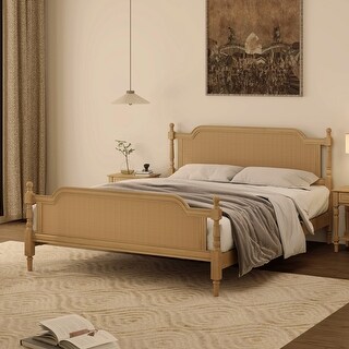 King Size Platform Bed Frame with Rattan Headboard