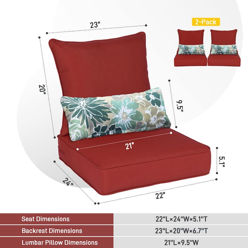 Aoodor 22'' x 24'' Outdoor Deep Seat Chair Cushion Set(Set of 2 Seats, 2 Backs, 2 Pillows） - N/A
